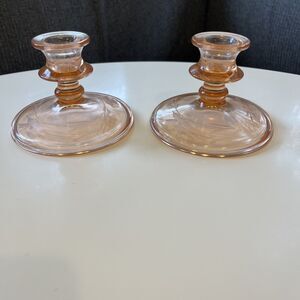 Pair Vintage Pink Depression Glass Candle Holders Etched Floral Berry Vine